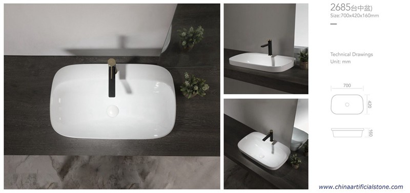 Retangle Semi Counter Ceramic Sink with Fauce Hole 700x420x160mm