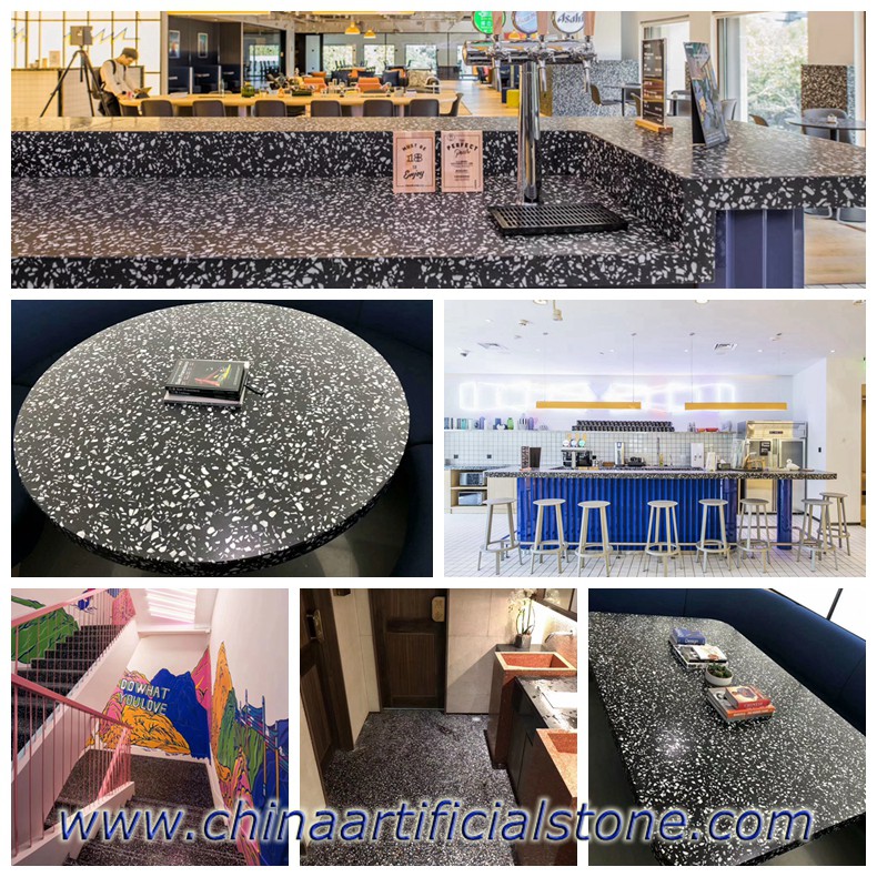 Black Terrazzo Work tops table tops steps and flooring for Wework Shanghai Office