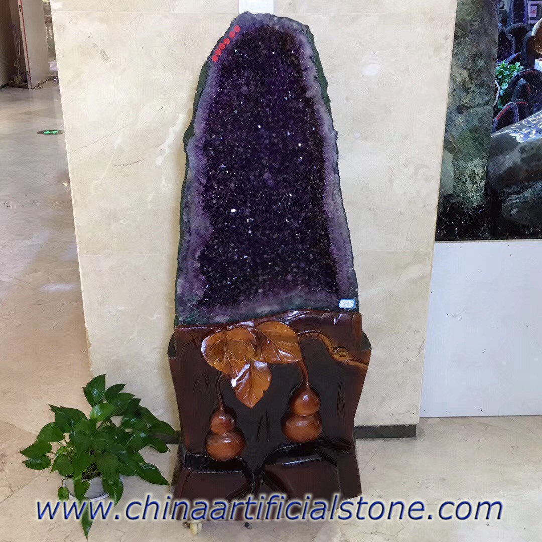 Natural Large Amethyst Geodes with Wooden Base 