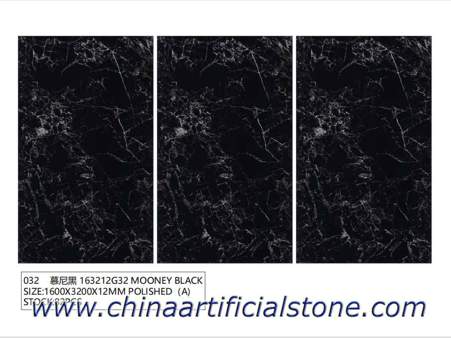 Polished 1600x3200x12mm Black Sintered Stone Porcelain Slabs 
